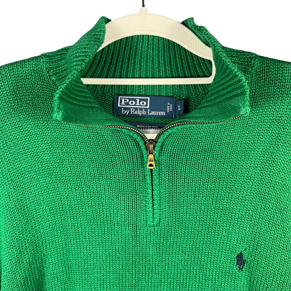 Polo Ralph Lauren Sweater Mens L Green Quarter Zip Cotton Knit Pullover